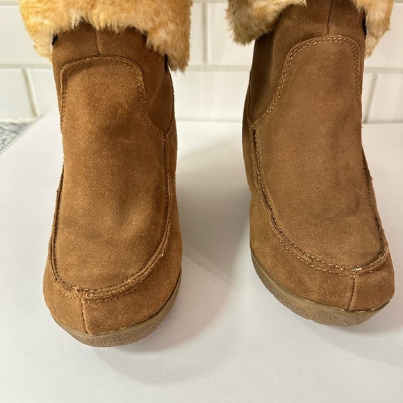BEARPAW 9 Flatbrush Hickory Sheepskin woman 3" wedge winter boot gorpcore boho - Picture 4 of 13